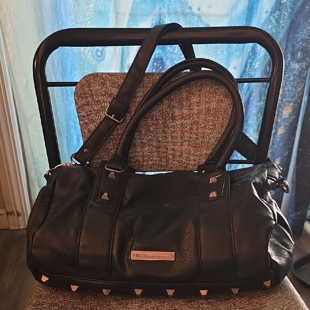 BCBG Black Leather Shoulder Bag with Stud Accents